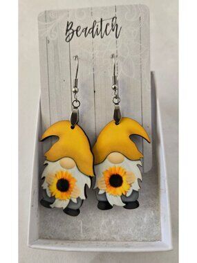 Handcrafted Wooden Gnome With Sunflower Earrings Kitschy Whimsy
